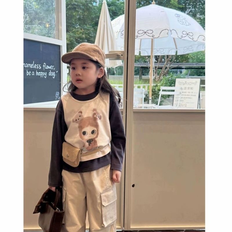 女童套装2025秋季新款儿童韩版长袖T恤卡通背心女宝工装裤三件套|undefined