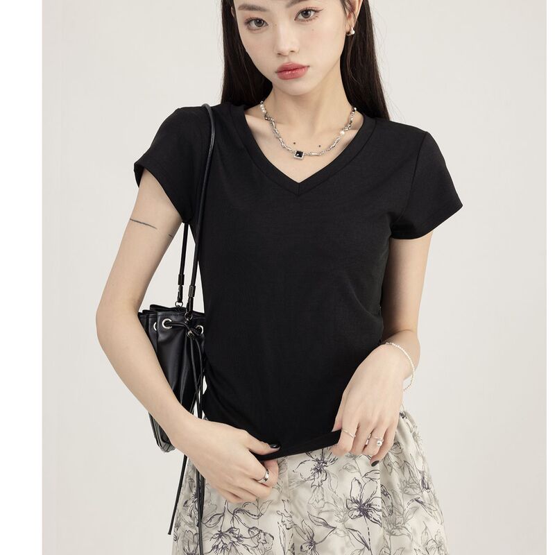 2026 Quality European and American Style Black T-Shirt, Slim Fit, Versatile V-Neck Short Sleeve for Women