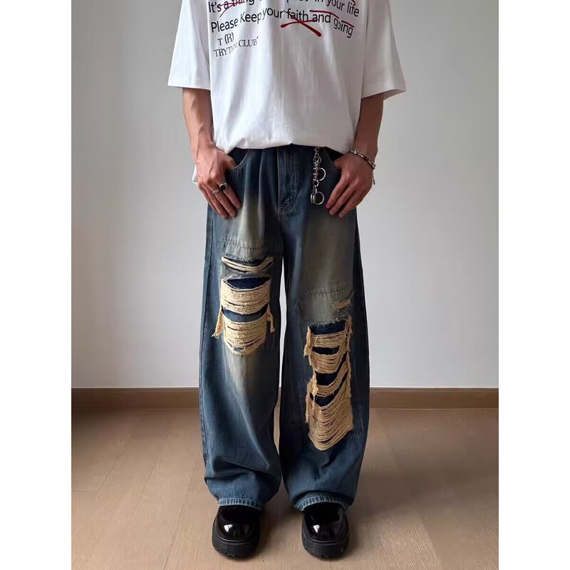 High Street Patchwork Ripped Straight-Leg Jeans for Men, Summer Loose Trendy Bf Style, Stylish and Cool Student Floor-Length Pants High Street Patchwork Ripped Straight-Leg Jeans for Men, Summer Loose Trendy Bf Style, Stylish and Cool Student Floor-Length Pants