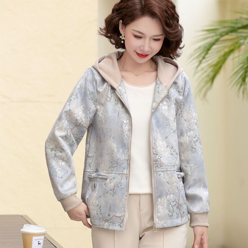 Middle-Aged and Elderly Women's Spring & Fall Fashion Jackets 2025 New Mother's Spring Jackets with Elegant Chinese Style Hooded Tops