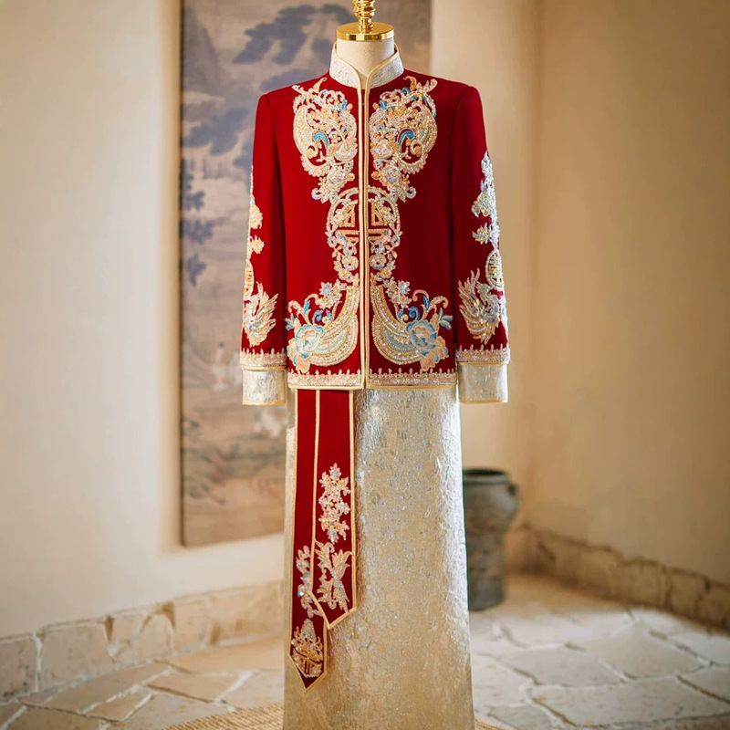 Men's Xiuhe Suit 2026 New Model Red Velvet Wedding Groom Outfit Dragon and Phoenix Robe Large Size Chinese Style Formal Wear