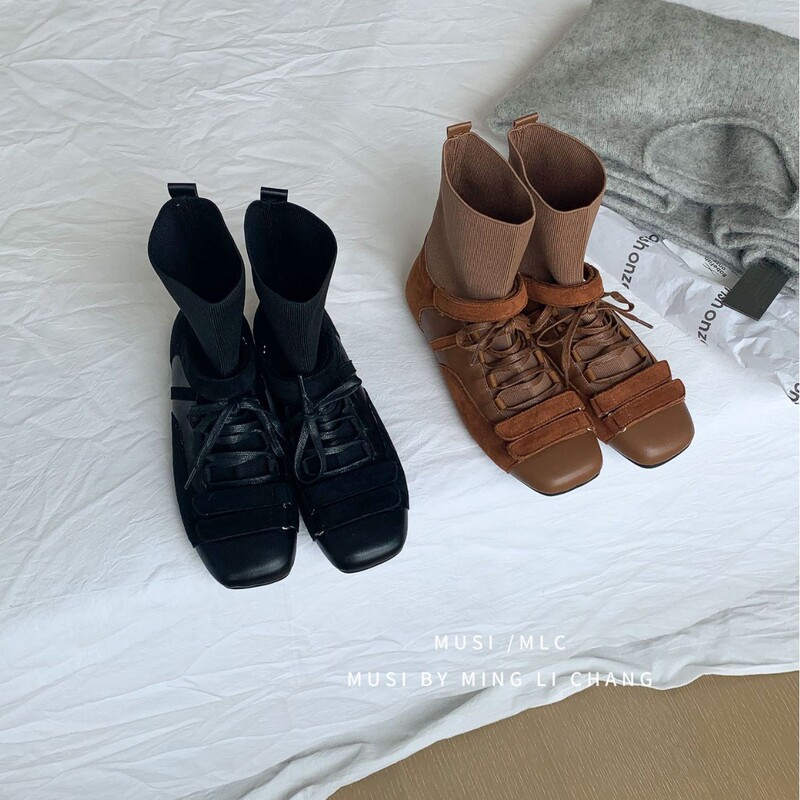2025 New Autum Bow Lace-Up Knitted Low-Top Chelsea Martin Socks Boots