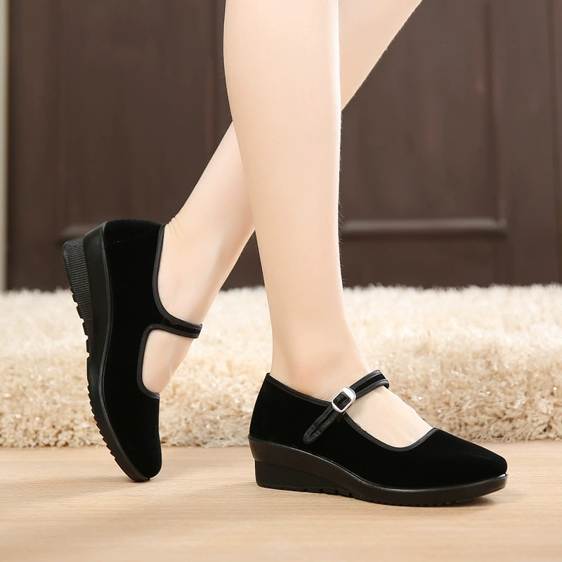 Туфли на танкетке из старой пекинской ткани, женская рабочая обувь, женская обувь, черные танцевальные туфли на танкетке на плоской подошве, туфли на высоком каблуке на плоской подошве, гостиничная обувь