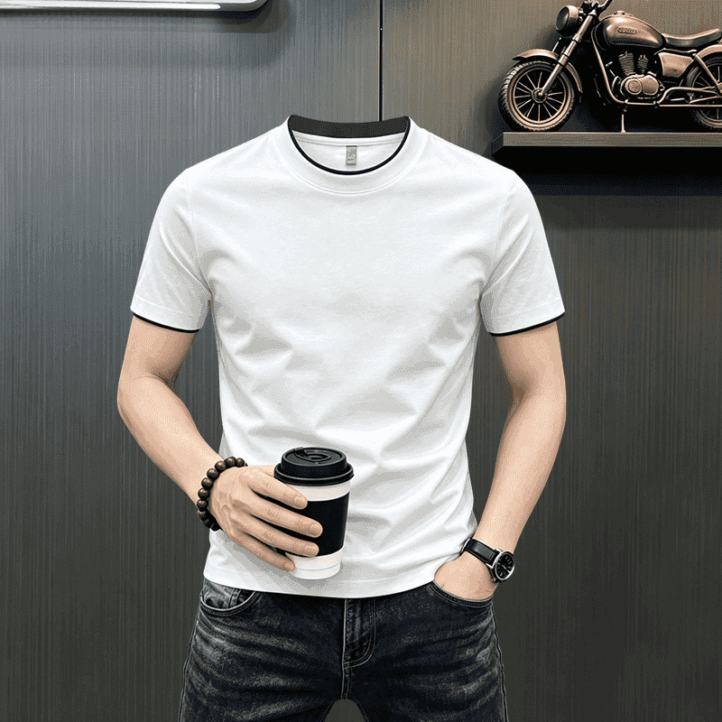 Men's thin short-sleeve T-shirt made of mulberry silk and ice silk, simple design, faux two-piece, color-blocked, seamless, stretchy, and wrinkle-resistant Men's thin short-sleeve T-shirt made of mulberry silk and ice silk, simple design, faux two-piece, color-blocked, seamless, stretchy, and wrinkle-resistant