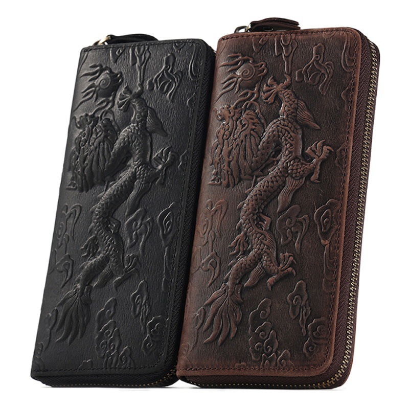 Crazy Horse Leather National Trend Long Wallet Men's Large Capacity Zipper Clutch Genuine Leather Retro Style Men's Wallet Card Holder