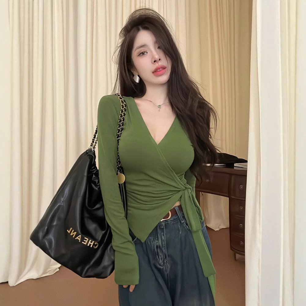 纯欲风长袖V领辣妹T恤女秋装收腰修身显瘦性感上衣不规则绑带小衫