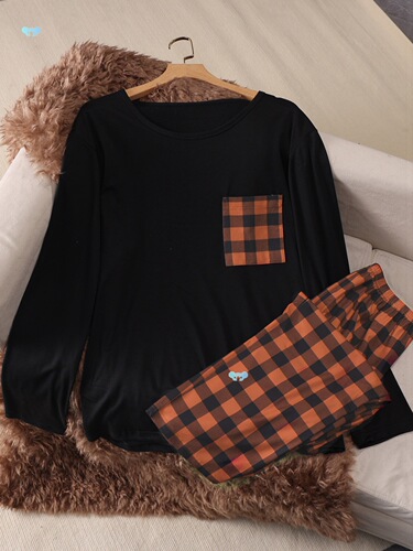 Men's Long Sleeve Pajama Set Plaid Pattern Fitted Style