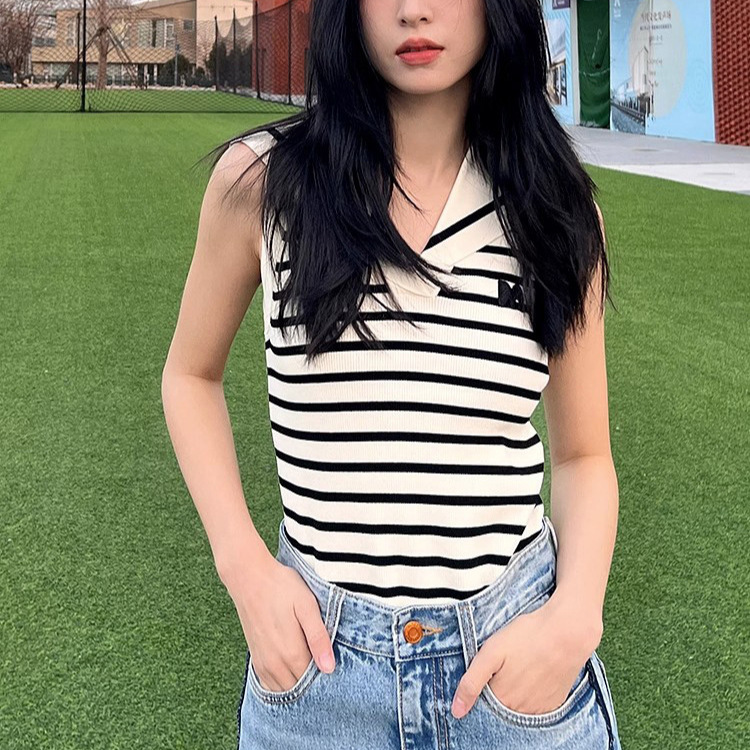 Zhou Yutong Same Style Summer Navy Collar MC Embroidered Black and White Striped Sleeveless Thread Tencel Knit Vest Women's Top Zhou Yutong Same Style Summer Navy Collar MC Embroidered Black and White Striped Sleeveless Thread Tencel Knit Vest Women's Top