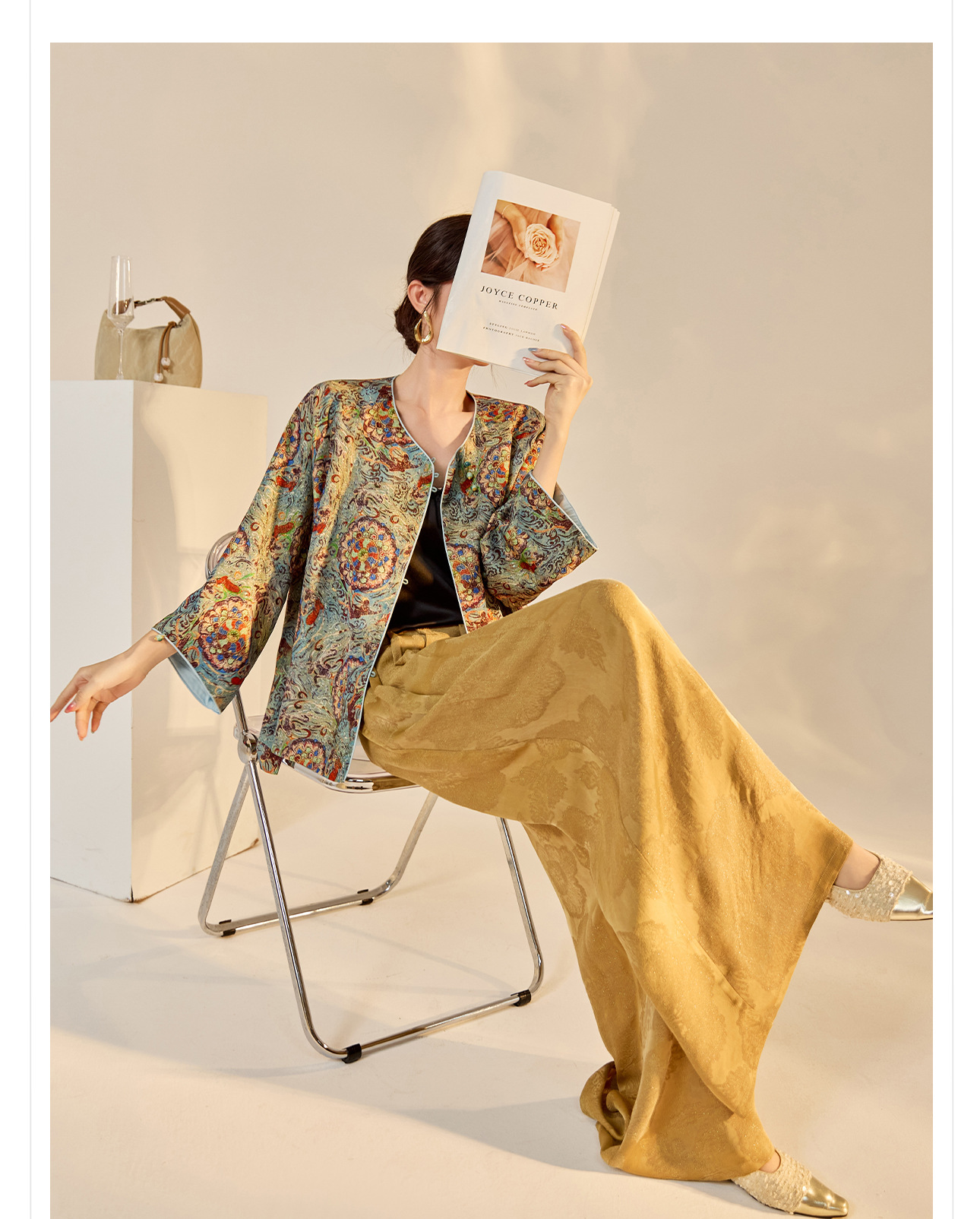 Áo khoác nữ phong cách Trung Hoa mới, cổ chéo, in thêu chỉ vàng, chất rayon cao cấp N8042 — màu xanh nhạt chi tiết 6