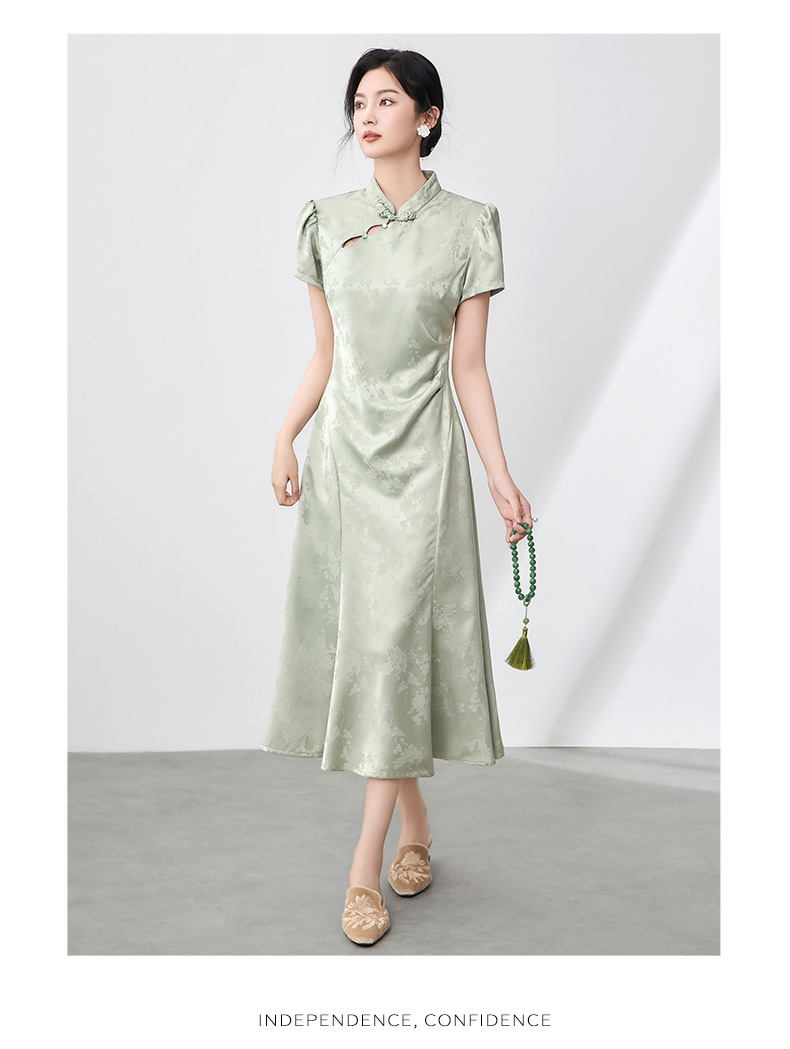 Đầm maxi nữ thắt eo phong cách sườn xám cổ điển, họa tiết phù điêu jacquard phương Đông — Màu xanh lá chi tiết 12