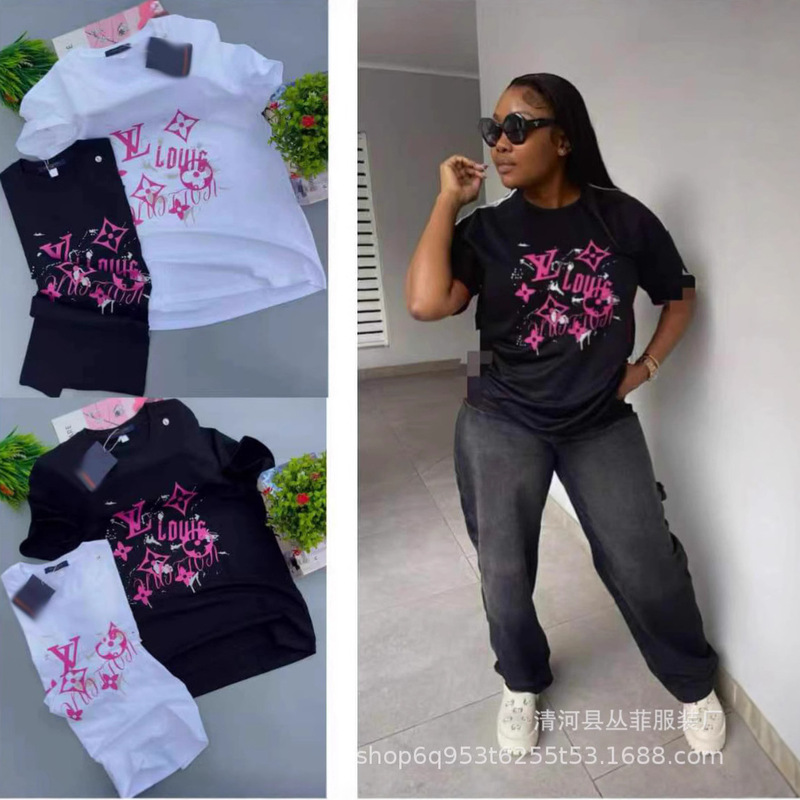 New Cross-Border Letter Short-Sleeved Summer Casual T-Shirt Suit Ready Wholesale Export Pure Cotton T-Shirt