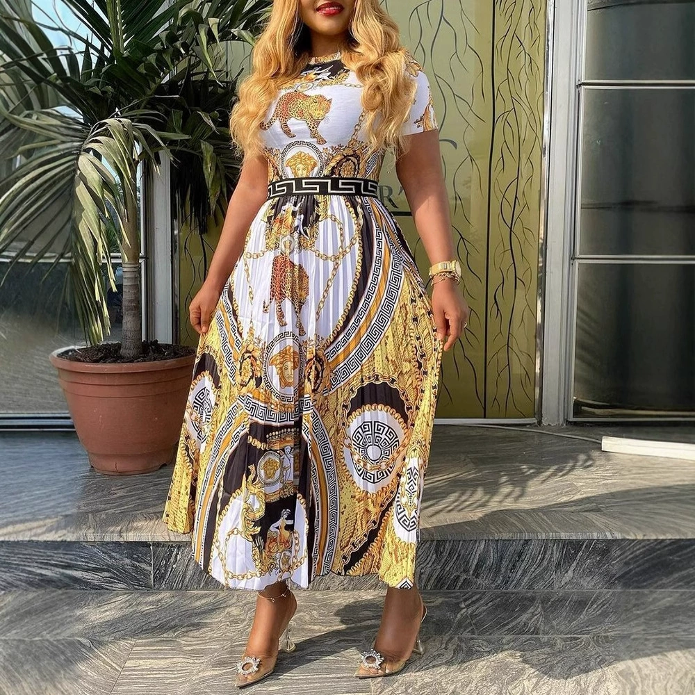 Новое модное длинное платье-юбка большого размера с высокой талией, принтом и складками для повседневной носки