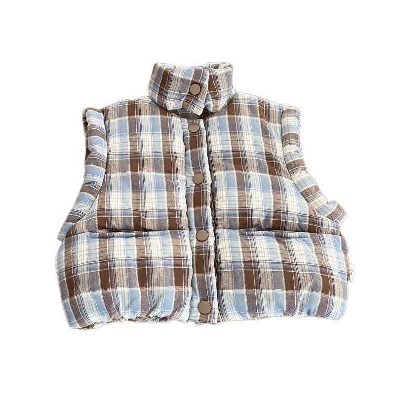 Niños chaleco de algodón de invierno 2025 nuevo estilo cool niño algodón intercalado chaleco a cuadros grueso vestido de bebé hombro