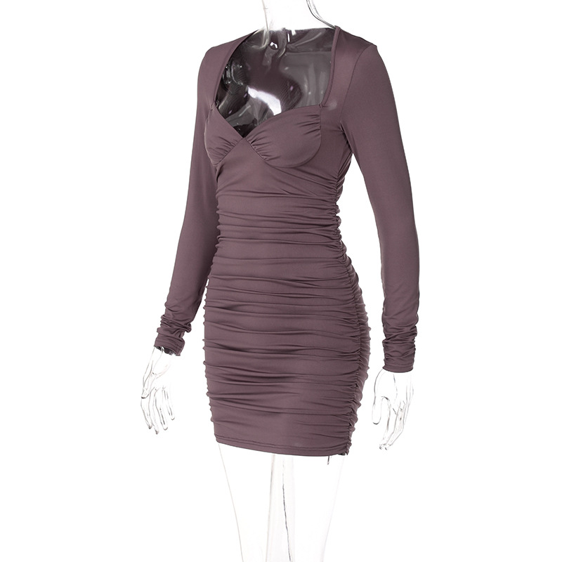 Women Clothing Autumn Deep V Plunge Plunge Tube Top Long Sleeve Slim Pleated Dress