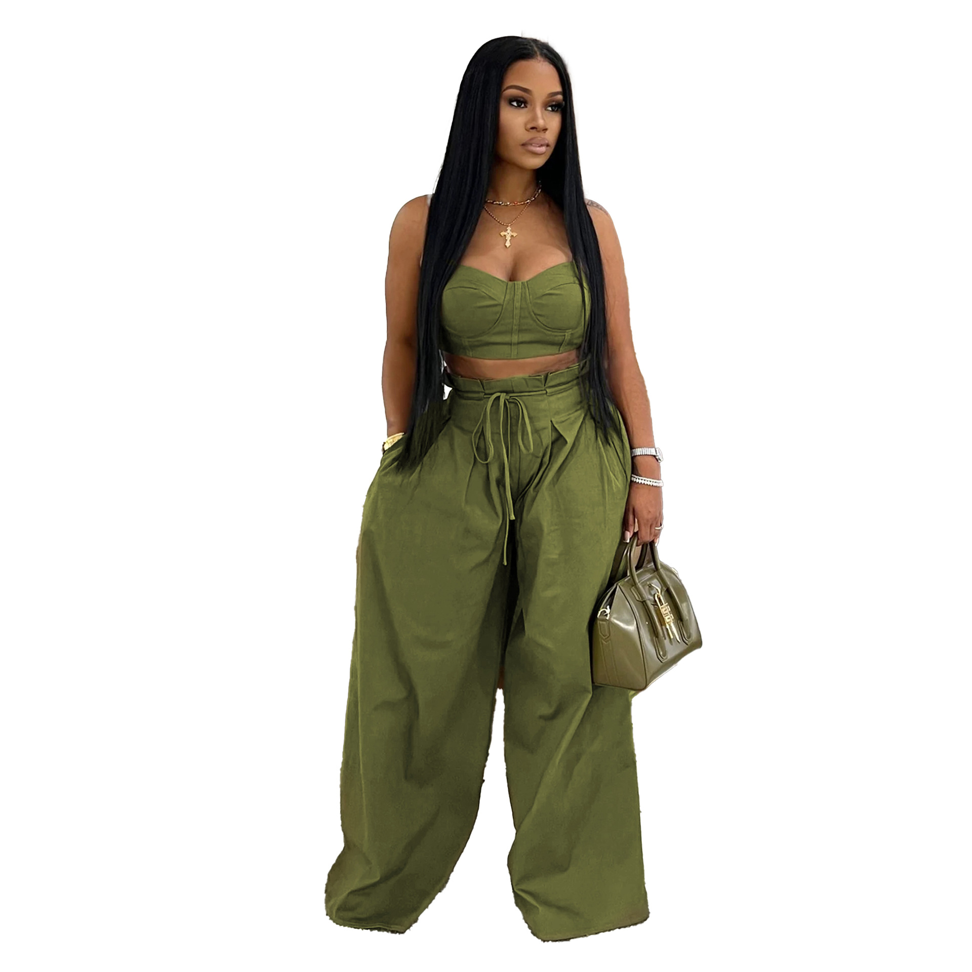 A7488 유럽과 미국의 가슴을 드러내는 허리 캐미솔 세트 단색 넓은 다리 스트랩 비 탄성 바지 투피스 세트