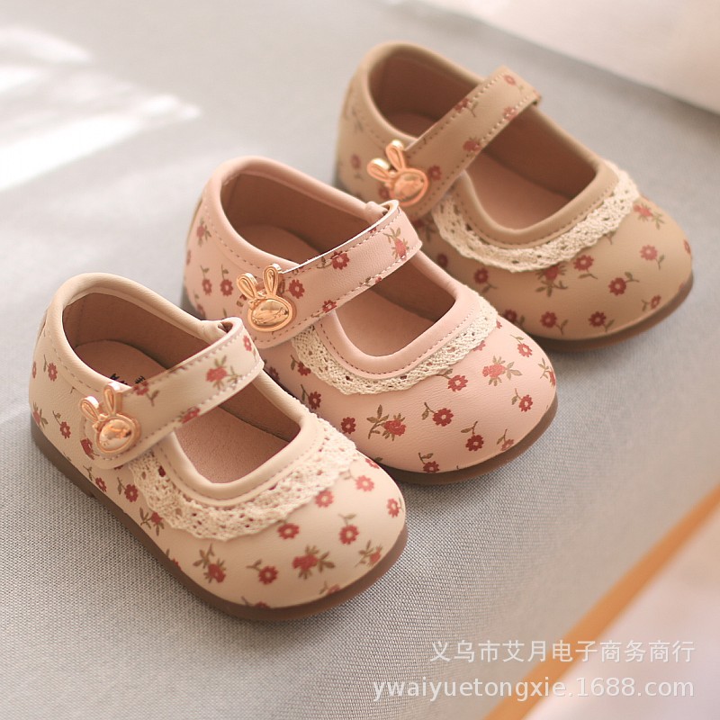 Korean Style Floral Lace Mary Jane Shoes for Girls, Soft-Soled Non-Slip Toddler Princess Shoes, Shallow-Mouthed Flats, Small Leather Shoes