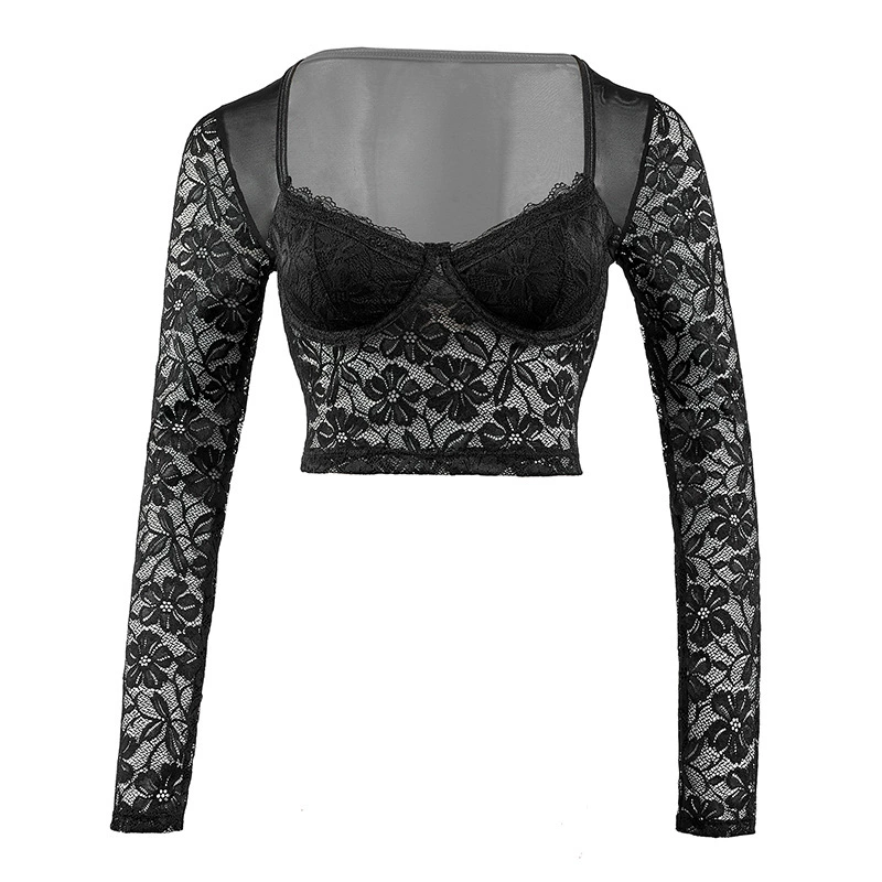 Трансграничная европейская и американская сексуальная тонкая кружевная укороченная футболка с глубоким вырезом, новая универсальная модная футболка с длинными рукавами из сетчатой ​​сетки