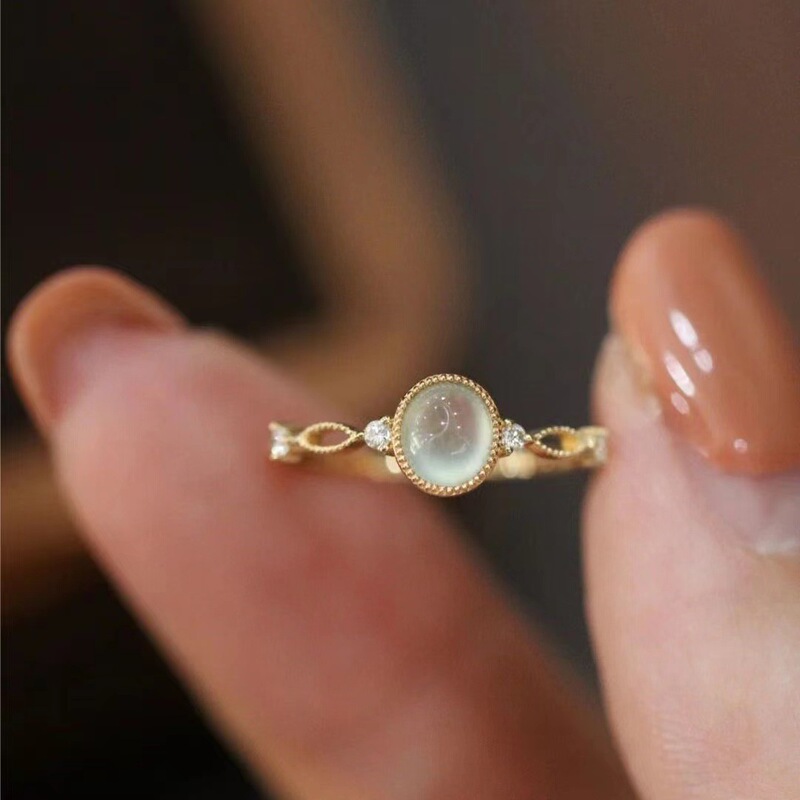 Internet Celebrity Live Broadcast New Simulation Ice Natural Chalcedony with Small Diamond Dewdrop Opening Ring Women's Light Luxury Simple Finger Ring