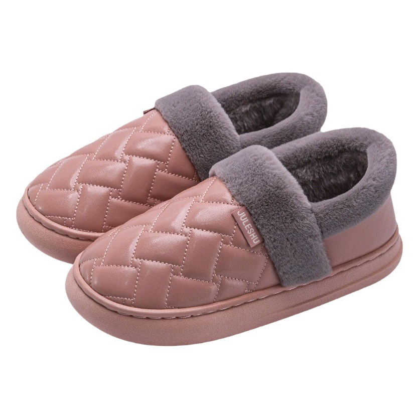 Водонепроницаемые кожаные хлопковые тапочки для женщин, осень и зима 2025, новые домашние нескользящие кожаные тапочки на каблуке для мужчин