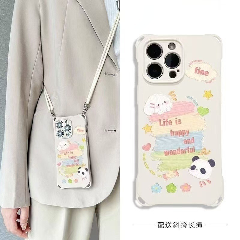 かわいいパンダ Apple 15promax 携帯電話ケース 14 ストラップ付きクロスボディで背中に持つことができます 14Plus 落下防止 12/11/XR|undefined