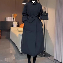 气质简约系带长款圆领羽绒丝服女2025冬新款收腰显瘦过膝大衣外套