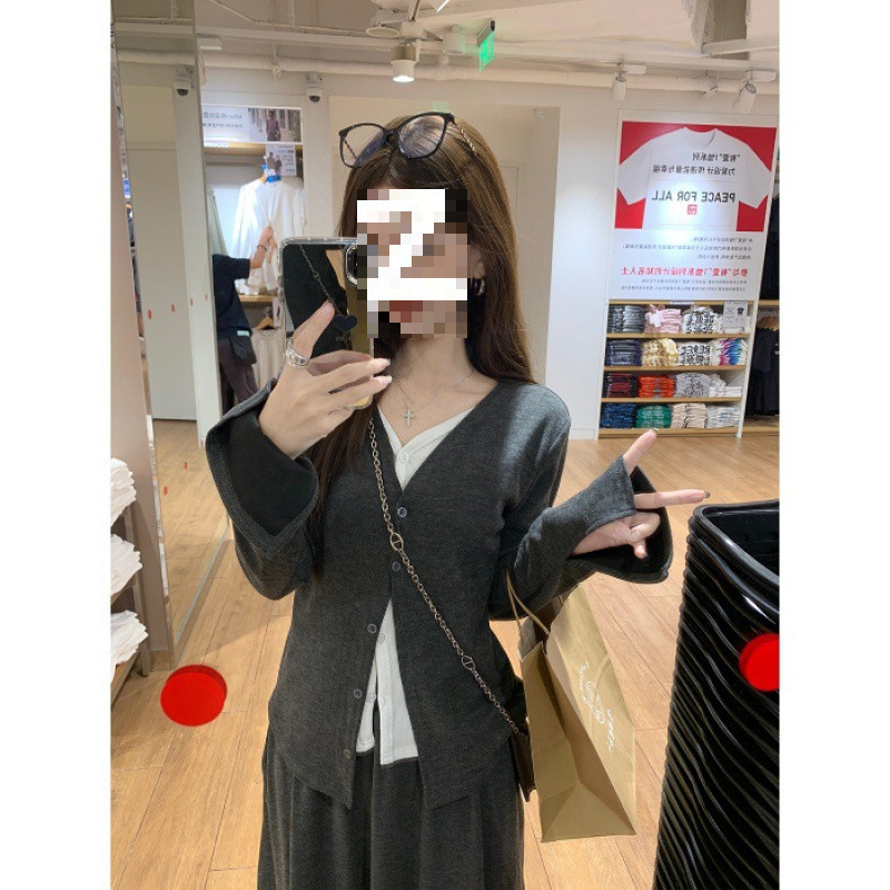 假两件撞色拼接V领长袖针织衫显瘦高腰长裙半身裙女早秋休闲套装|undefined