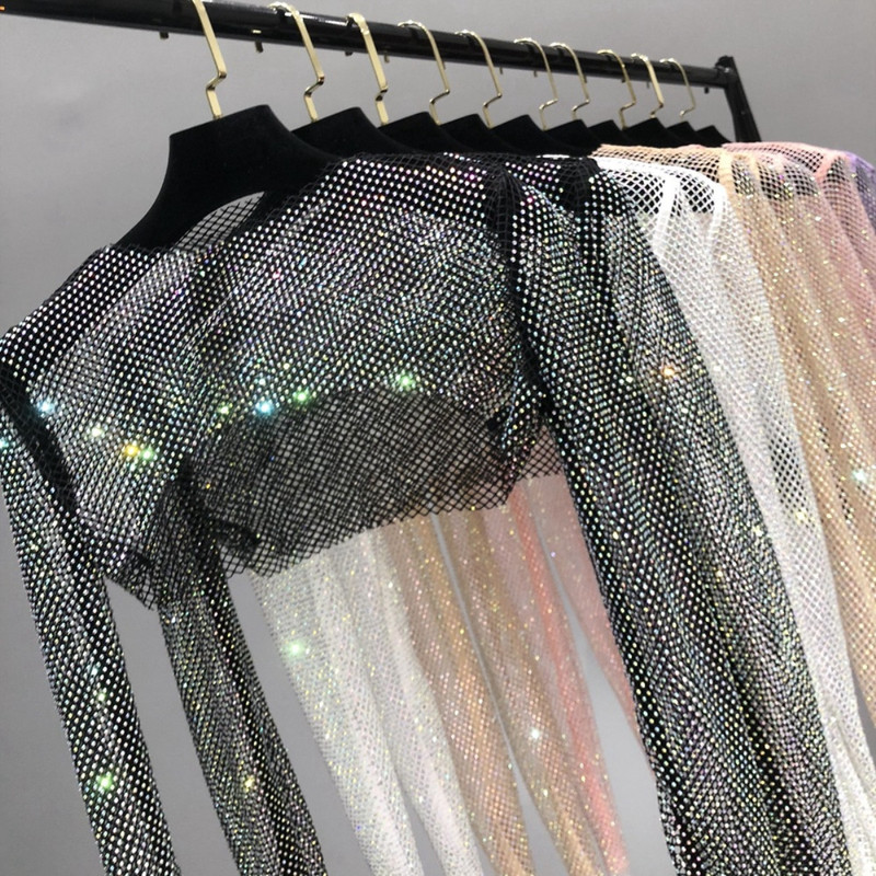 Specially Designed for Cross-Border Fashion, European and American Style, Rhinestone Fishnet See-Through Long-Sleeve Slim-Fit Top, New Design for Hot Girl Party Outfits