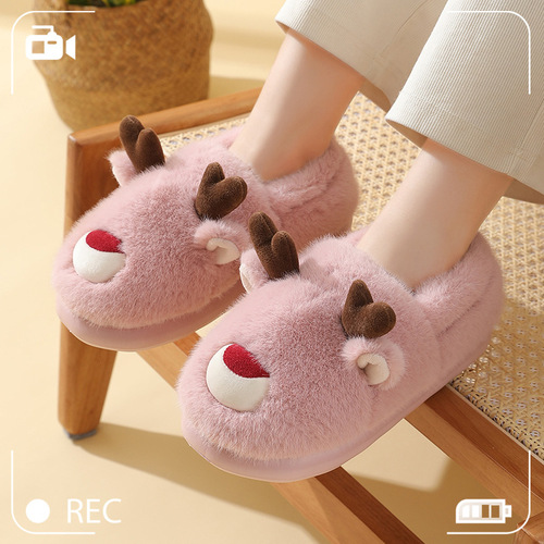 Elk cotton shoes autumn and winter home indoor anti-slip warm cartoon children parent-child cotton shoes Christmas couple bags and heels cotton shoes