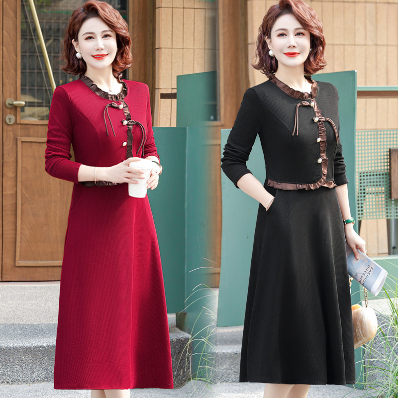 高档爆款妈妈秋装长袖连衣裙中年裙子女春秋新款显瘦中老年裙子女