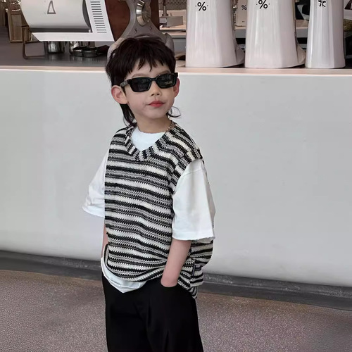 Tairu 2024 spring new Korean version boys versatile striped fashionable vest children's top pullover trendy