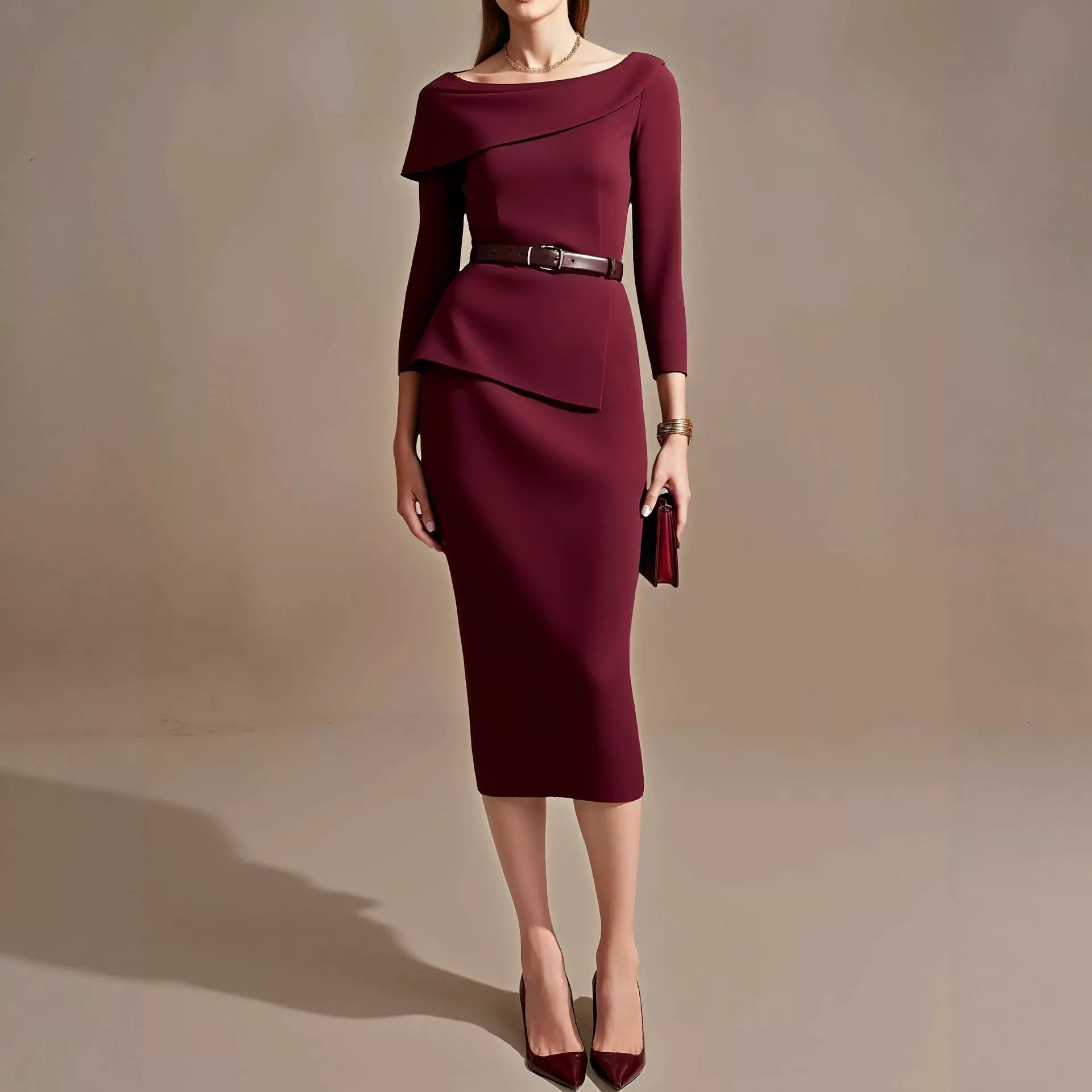 2025欧美女装 独立站 亚马逊 纯色长袖职业装上衣+包臀中长款裙子