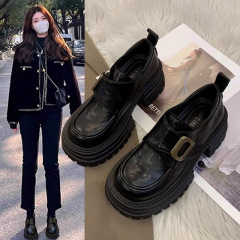 厚底粗跟英伦风小皮鞋女2025新款春季增高女鞋单鞋黑色乐福鞋