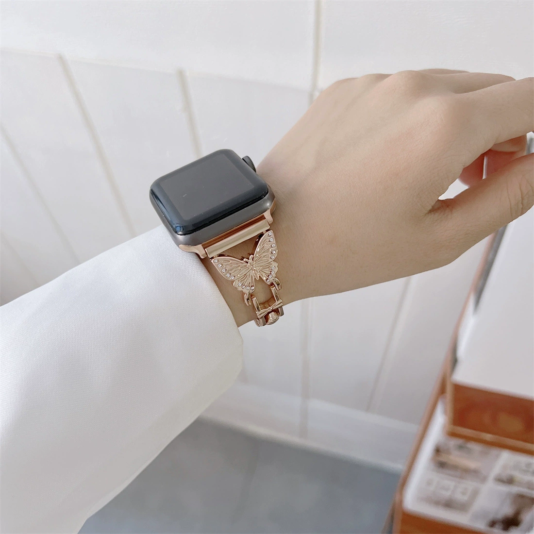 Совместимо с Apple Watch SE, Apple 1–7 поколения, ремешок из металлической цепи в стиле бабочки Hermes H, модный