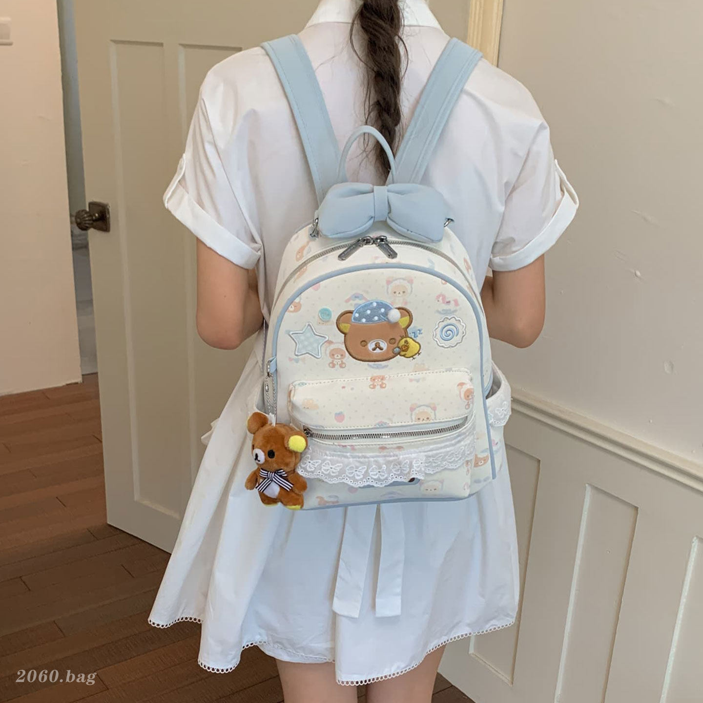 Cute mochila de encaje, viento de encaje, osos, estudiantes, mujeres universales, 2026 mochila coreana de gran capacidad, nueva caricatura