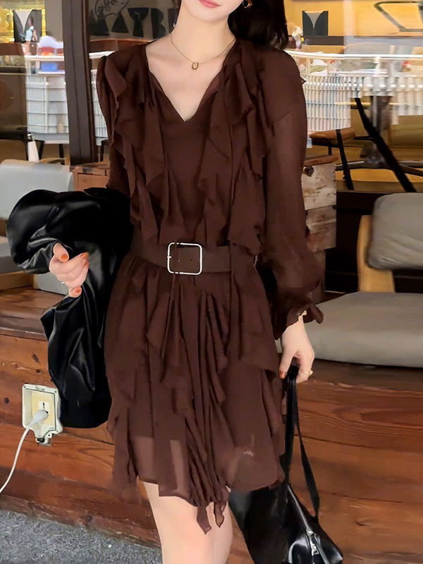 法式度假漂亮温柔风短裙气质高级感别致显瘦咖色荷叶边垂感连衣裙|undefined