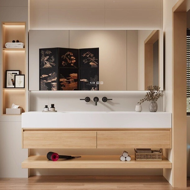 Modern light luxury hotel-style integrated bathroom cabinet with ceramic integrated basin, seamless rock slab washbasin with integrated sink Modern light luxury hotel-style integrated bathroom cabinet with ceramic integrated basin, seamless rock slab washbasin with integrated sink