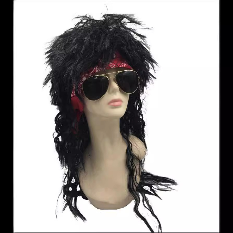 Europa y América 80's vintage mecedora estilo largo y rizado pelo mullido maíz caliente fideos instantáneos rollo negro explosión cabeza roca peluca