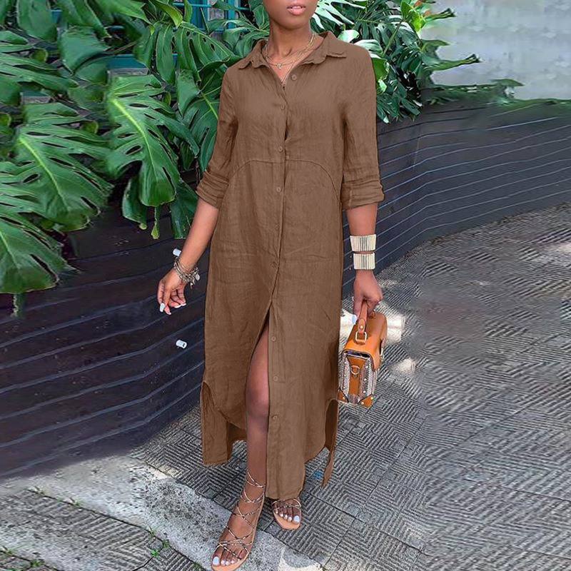 Damen Langarm Kleid Aus Leinen Und Baumwolle Mit Knopfleiste_voghion.com