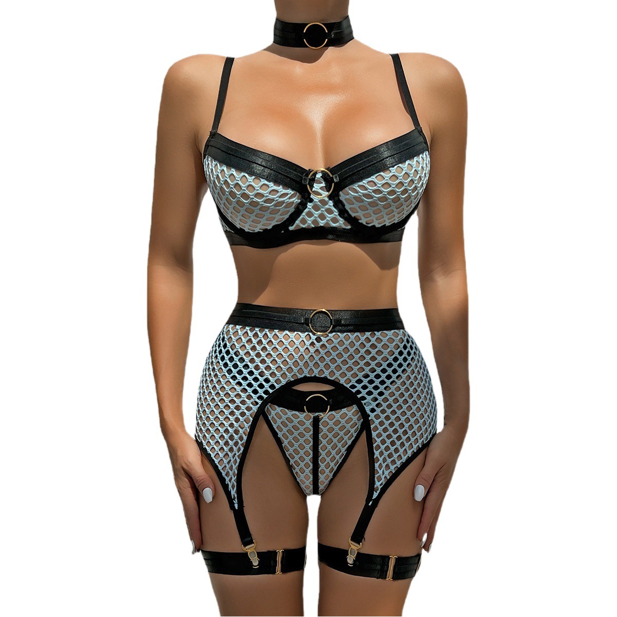 Europa y América lencería sexy cuatro piezas AliExpress popular malla grande costura con anillo de acero Halter ropa interior clásica 3300