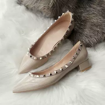 2023 Spring And Summer New All-rivet Pointed Single Shoes Female Thick Heel Rivet Shallow Mouth Fashion All-matching Mid-heel Work Shoes