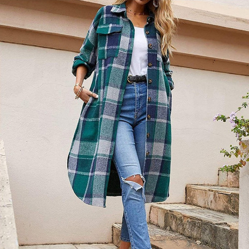 European and American-style women's long-sleeved trench coat with side slits, turn-down collar, loose-fit wool plaid shirt jacket for women