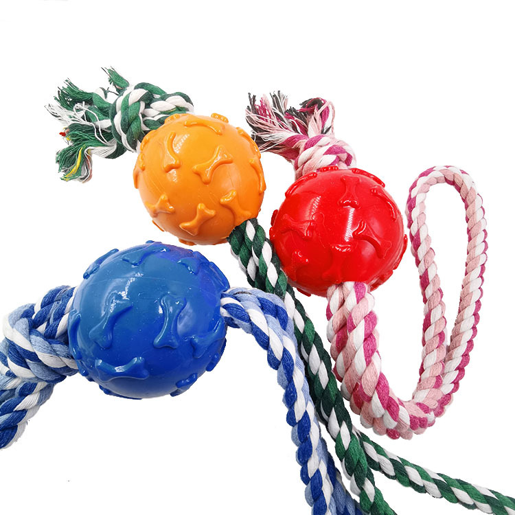 Cuerda para mascotas pelota resistente a los mordiscos cuerda de algodón para perros TPR pelota de goma entrenamiento para perros molares juguetes educativos interactivos fábrica al por mayor