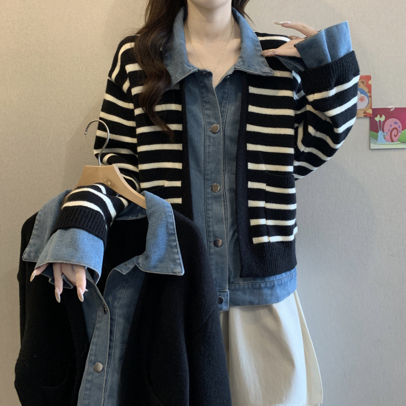 假两件牛仔拼接外套女秋冬港风复古chic宽松休闲夹克上衣女A6832|undefined