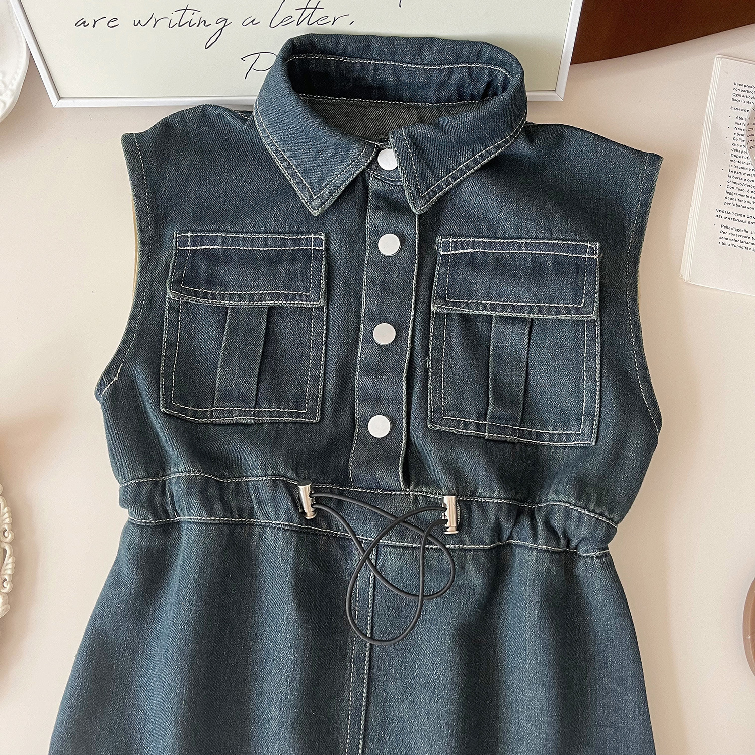 Robe longue en denim doux délavé sans manches pour filles, nouvelle version coréenne de l'été 2024, tendance 24285_voghion.com