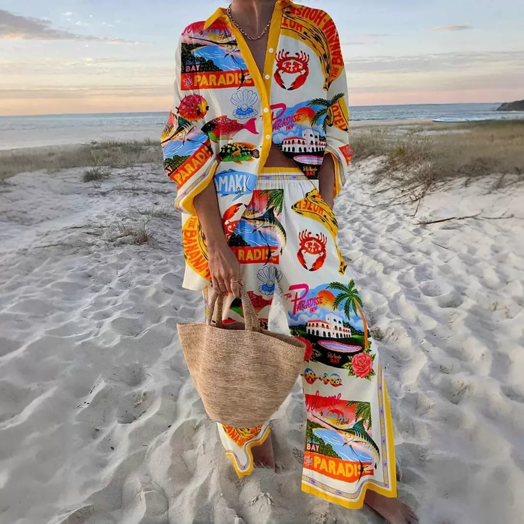 2025度假风邮轮穿搭cruise outfit 海边热带印花 女士套装衬衫套