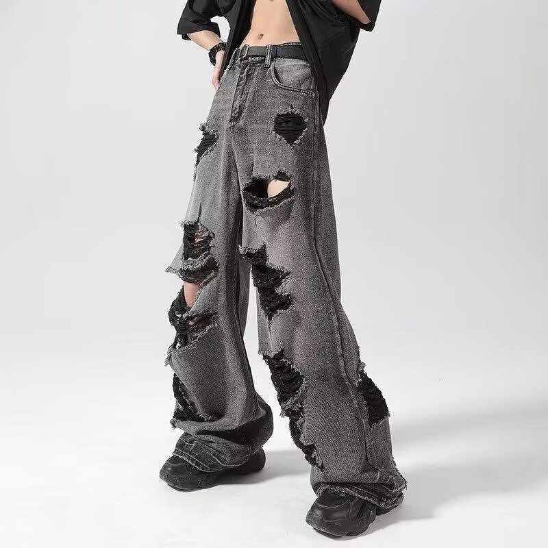 Ripped Beggar Jeans Men's Summer Trendy Brand Loose Old Wide Leg Pants American Style High Street Straight Pants