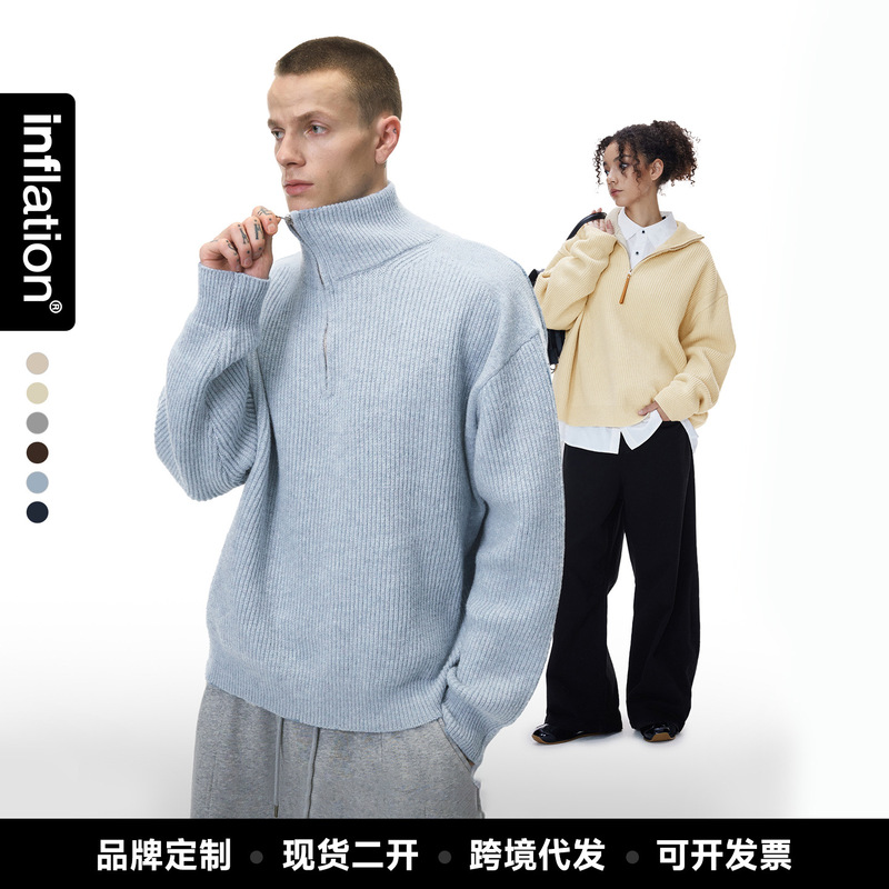 Jie Zhan Men's Clothing | Half-Zip Turtleneck Sweater 26 Spring New Retro Street Style Old Money Vibe Relaxed and Lazy Top