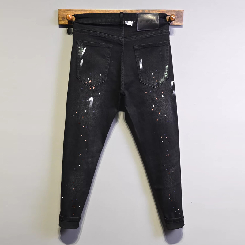 Men's Clothing Men's Street Style Ripped Jeans Distressed Black Gray Washed Paint Print Slim Fit Skinny Jeans_mkmklike.com