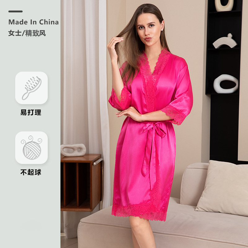 2026 New Cross-Border European and American Style Long-Sleeved Nightgown for Women, Ice Silk Cardigan Bathrobe, Long Thin Home Wear That Can Be Worn Outside