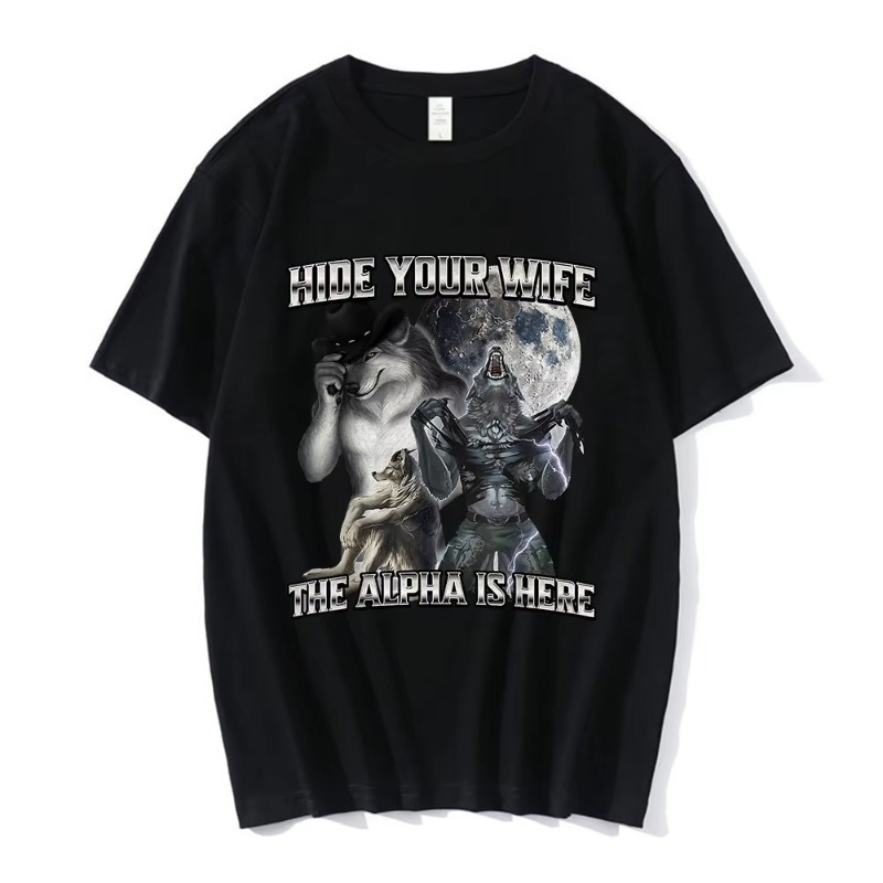 Hide Your Wife Alpha Here Funny Wolf Terrier T-Shirts Men Women…